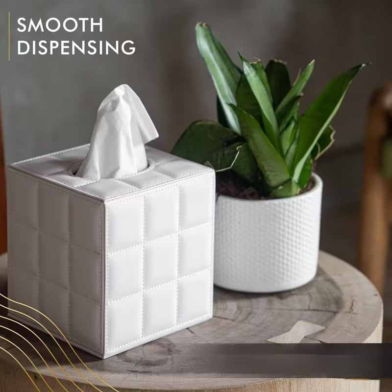 White Faux Leather Tissue Box Cover - Cube 14cm