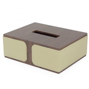 New - Mono Tissue Box Cover - Rectangular Wood effect and cream faux leather L 18cm x W 14cm x H 6.5cm