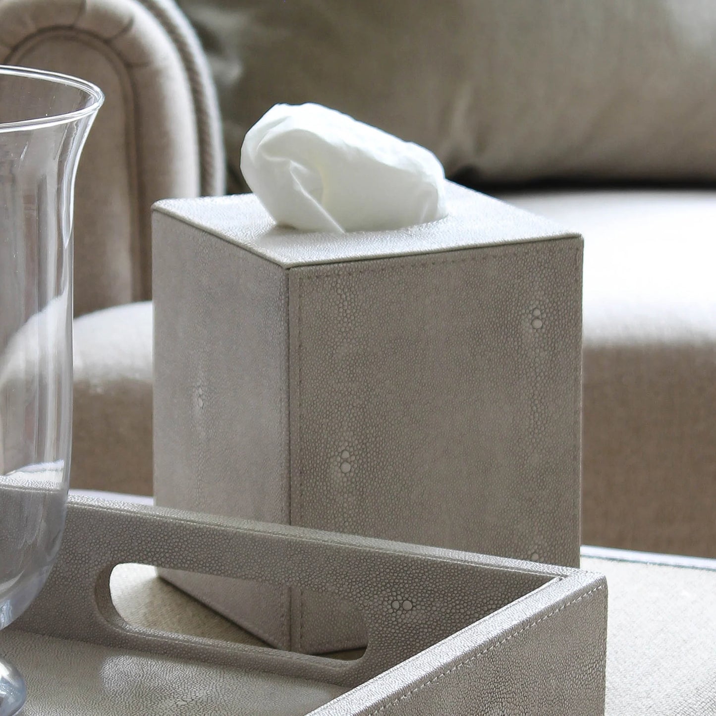 New Ivory - Ivory Faux Shagreen Square Tissue Box Holder - H 16 x W 13 x L 13 cm
