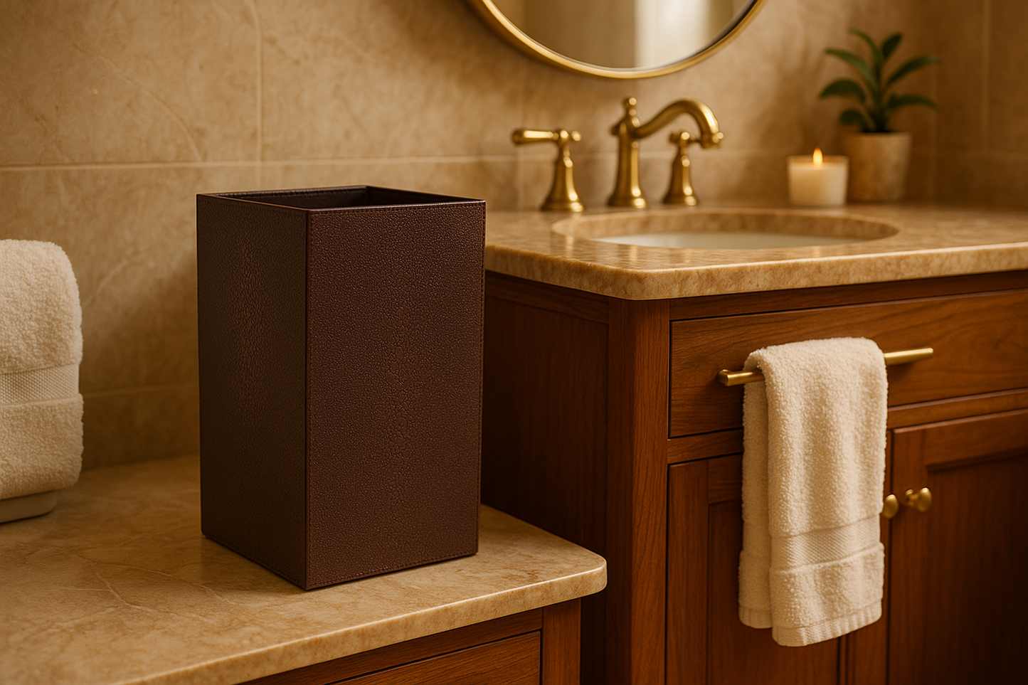 Coco Chocolate Brown Faux Shagreen Waste Bin - Luxury Bathroom Bin 27x20x20cm