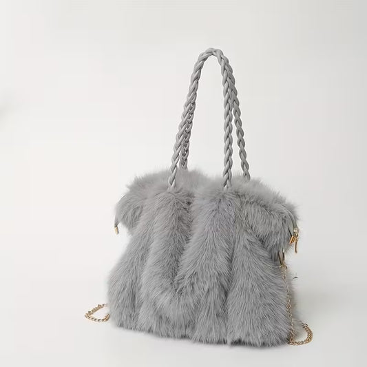 Faux Fox Fur Bucket Bag - Large Capacity Plush Handbag