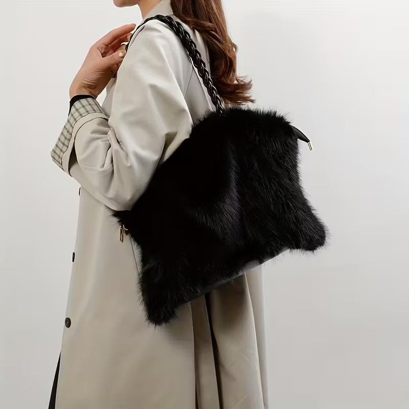Black fur bucket handbag