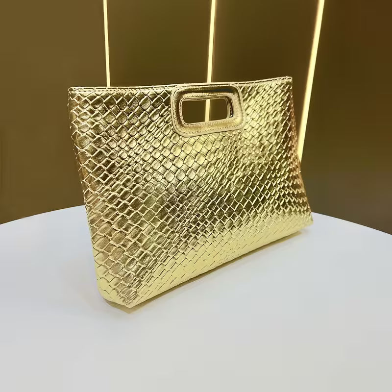 Elegant Gold Clutch Evening Handbag with Kiss Lock Closure