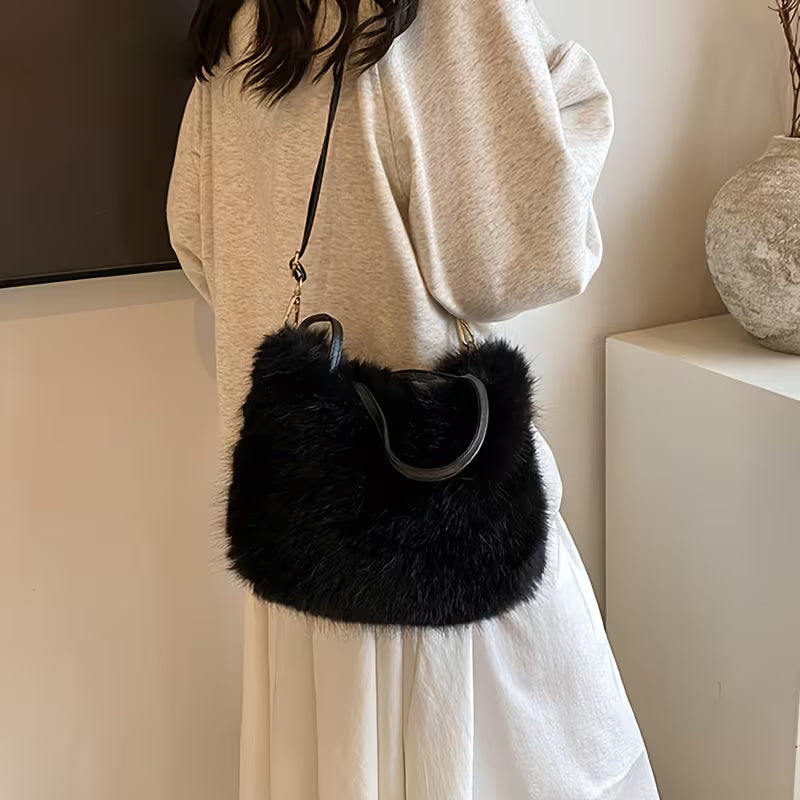 Soft Fluffy Cloud Plush Faux Fur Handbag Black