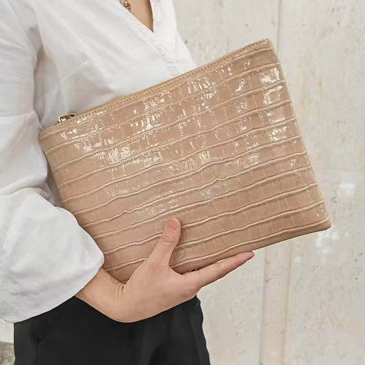 Crocodile Pattern Clutch Bag - Beige Envelope Handbag