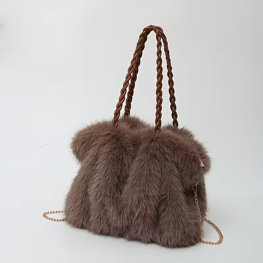Faux Fur Bucket Bag - Large Capacity Plush Handbag Brown