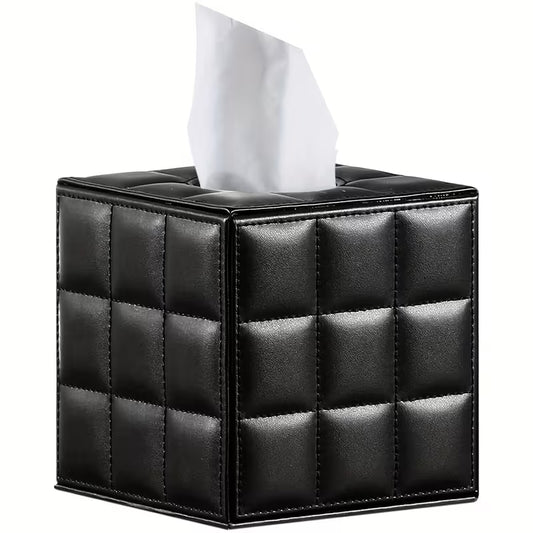 Black Faux Leather Tissue Box Cover - Cube 14cm