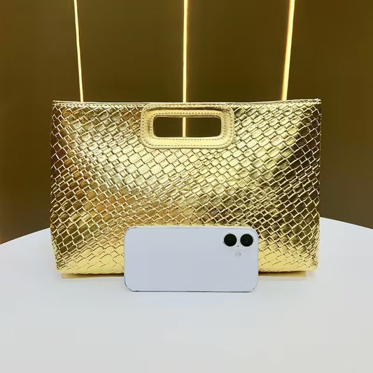 Gold clutch evening handbag with kiss lock closure and chain strap"