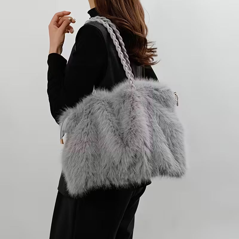 Faux Fox Fur Bucket Bag - Large Capacity Plush Handbag