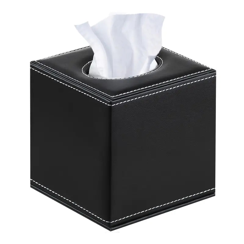Albert - Black Faux Sqaure Leather Tissue Box Cover with White Stitch - 14cm