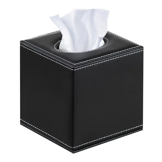 Albert - Black Faux Sqaure Leather Tissue Box Cover with White Stitch - 14cm