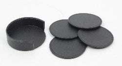 Black container with white stitch trim with 4 plain black coasters