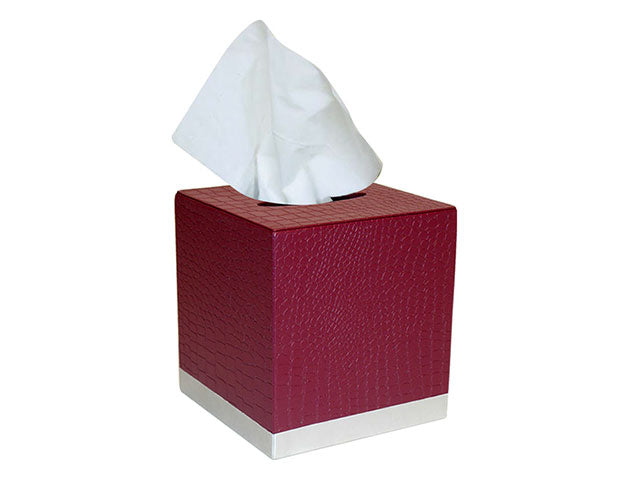 Stratfordshire - Deep Red Leather Tissue Box Cover with silver base trim