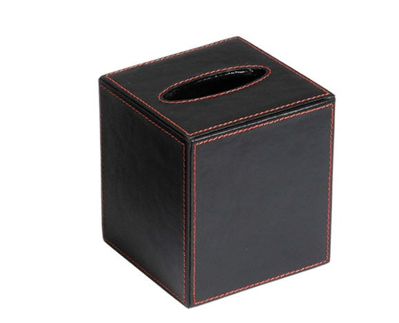Red Martin Lane  - Black Leather Tissue Box Cover with Red Stitch