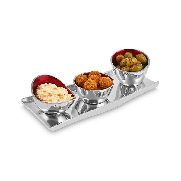 Monza - Three Snack Bowls &  Red Serving Tray - tray size 32 cm by 8cm