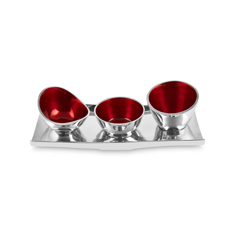 Monza - Three Snack Bowls &  Red Serving Tray - tray size 32 cm by 8cm
