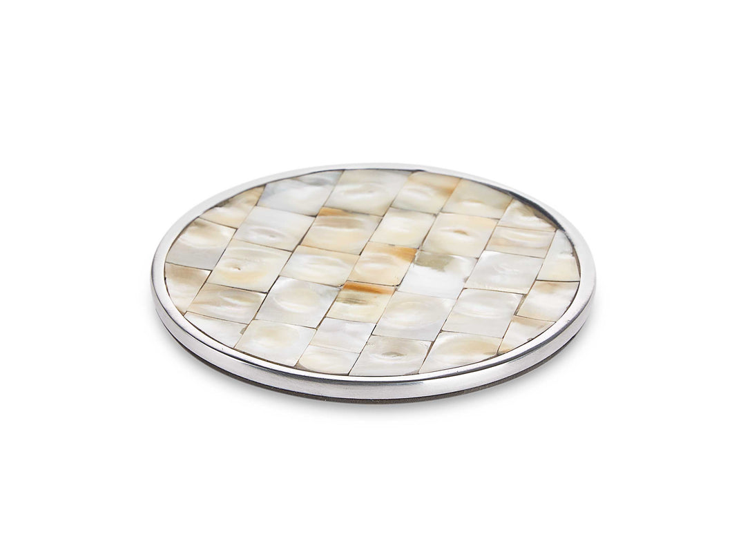 Silver Walk- Round Mother Of Pearl & Metal Coaster