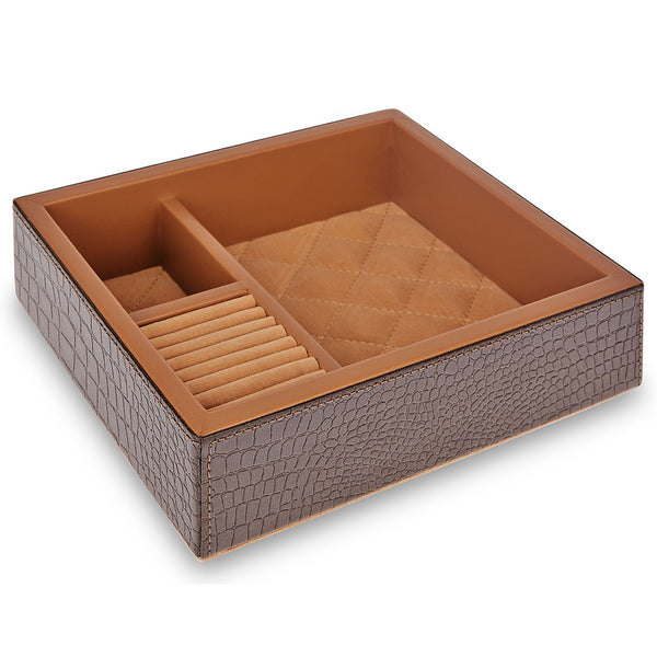 Knightsbridge - Brown Crocodile Print Faux Leather Jewellery Tray 19cm by 16 cm and H 5.5cm