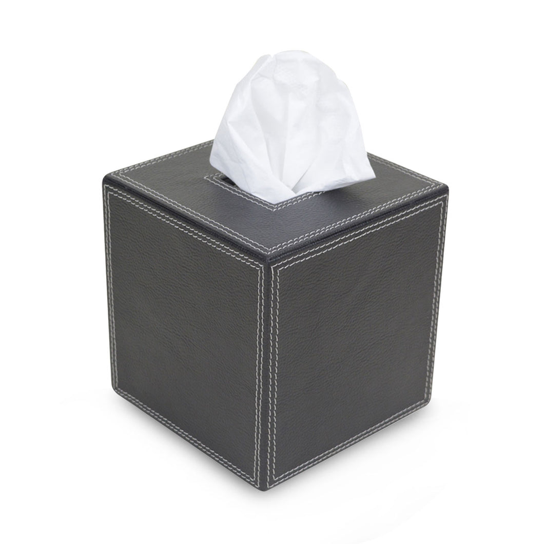 Albert - Black Faux Leather Tissue Box Cover with White Stitch